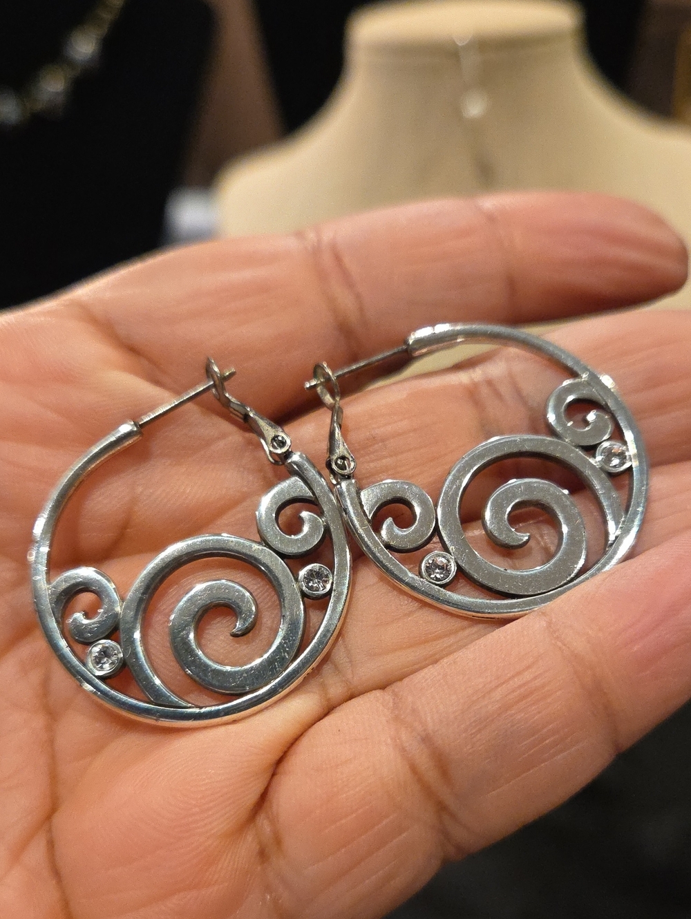Brighton Silver Swirl Hoop Earrings with Crystal Accents